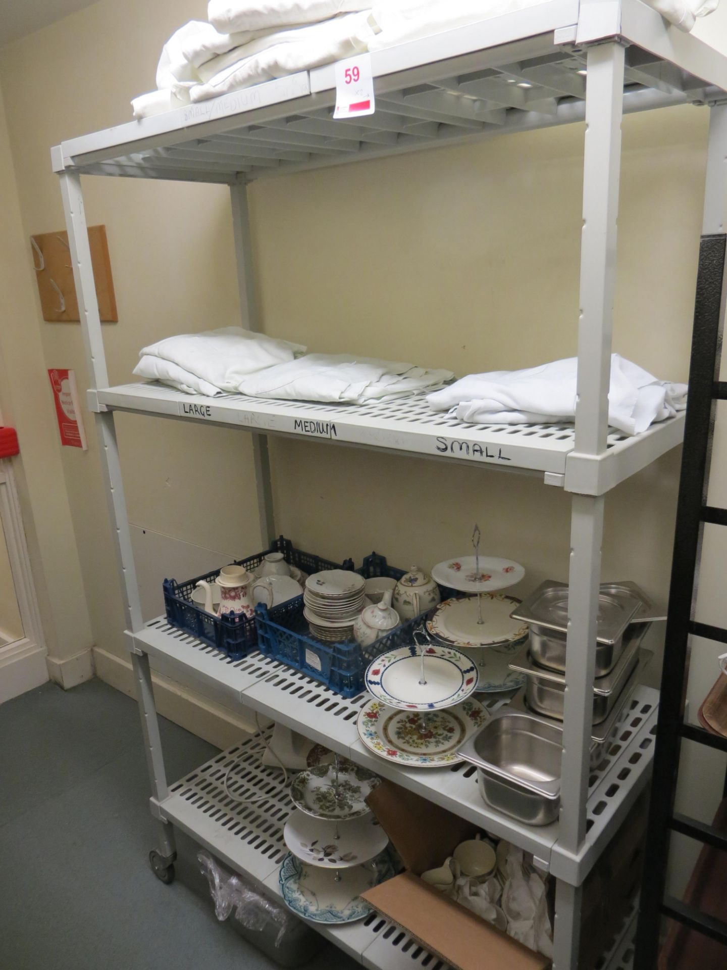 4 tier mobile catering unit c/w 10 section mobile tray unit & contents to include bone china cake