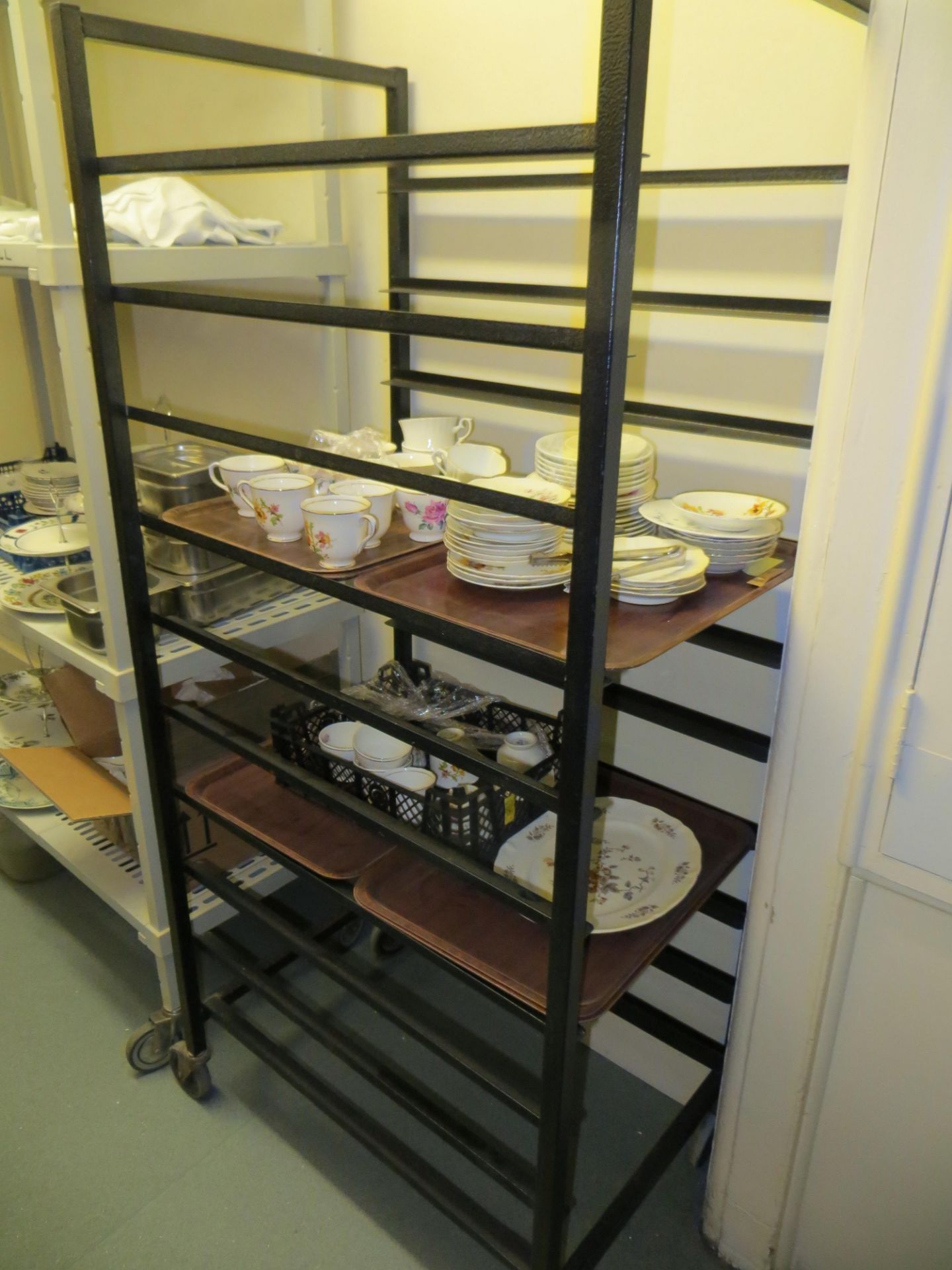 4 tier mobile catering unit c/w 10 section mobile tray unit & contents to include bone china cake - Image 2 of 6