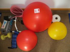 Various exercise equipment to include 3 balance boards, marker cones, 3 exercise balls, weights &