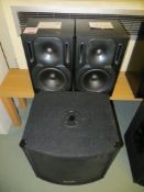 Two Behringer Truth B2031A active studio monitor speakers c/w Skytec SMW 15 passive 15" subwoofer