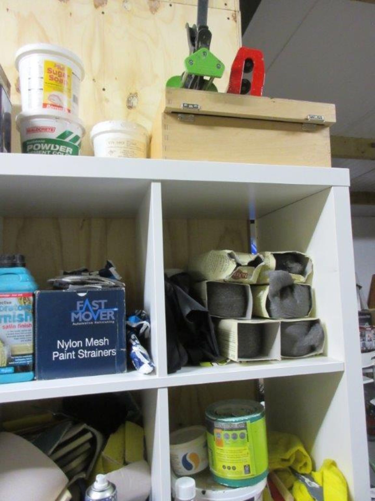 Pigeon hole and wood storage racks c/w contents including sealants, sealant guns, kettles, fire - Image 7 of 9