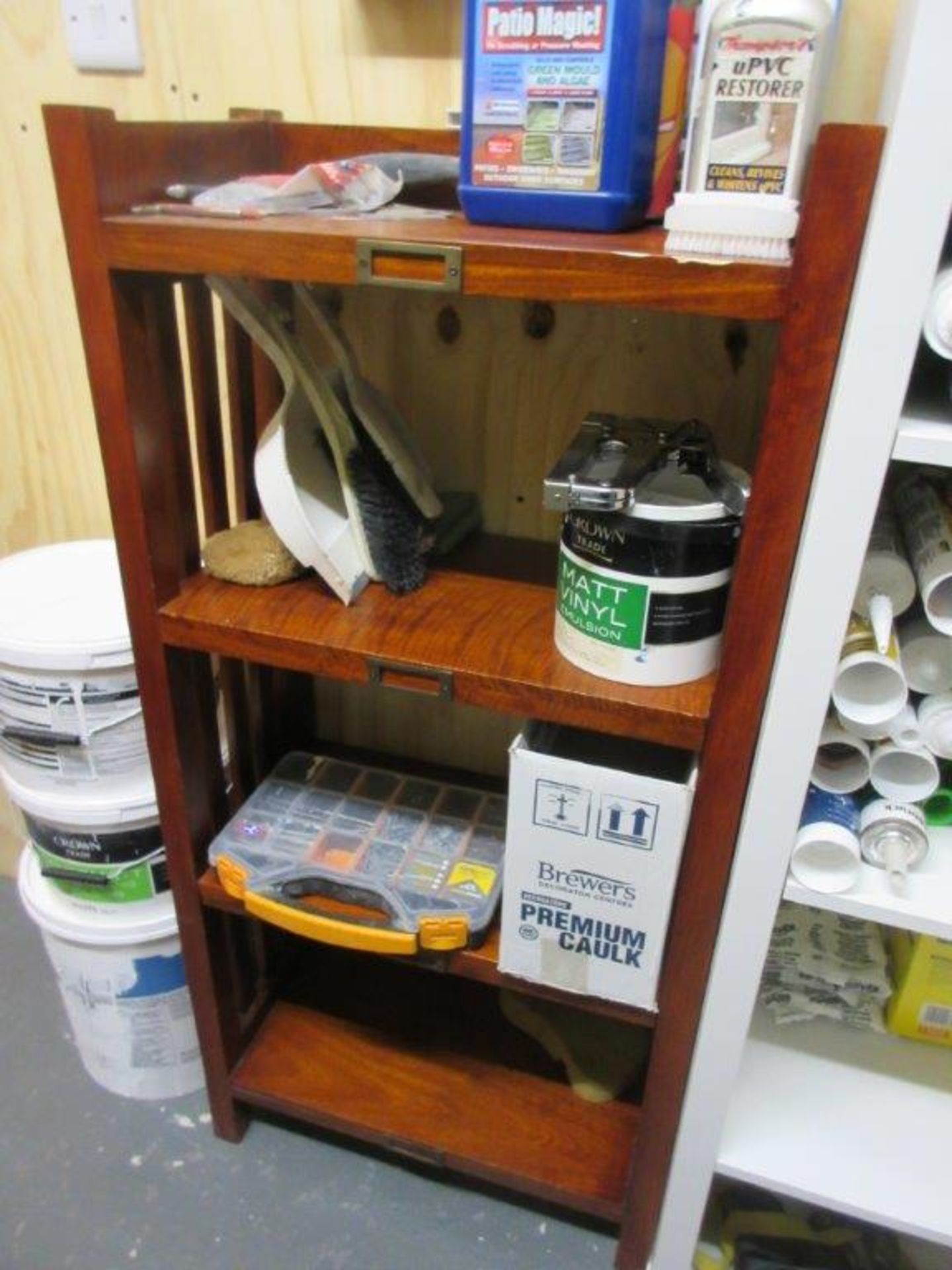 Pigeon hole and wood storage racks c/w contents including sealants, sealant guns, kettles, fire - Image 9 of 9