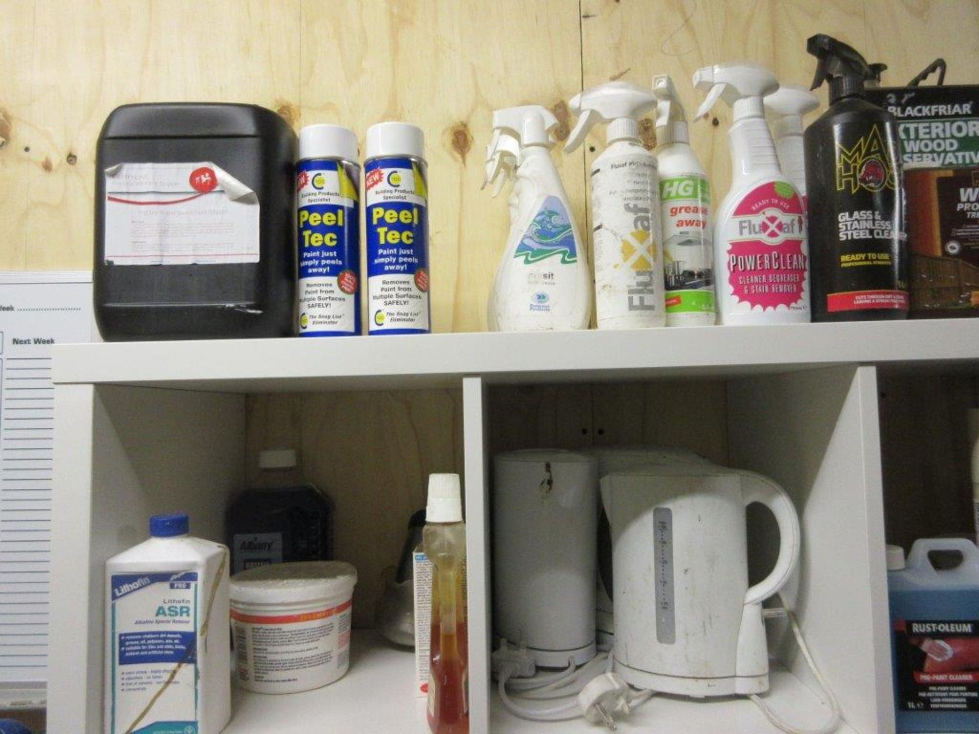 Pigeon hole and wood storage racks c/w contents including sealants, sealant guns, kettles, fire - Image 5 of 9