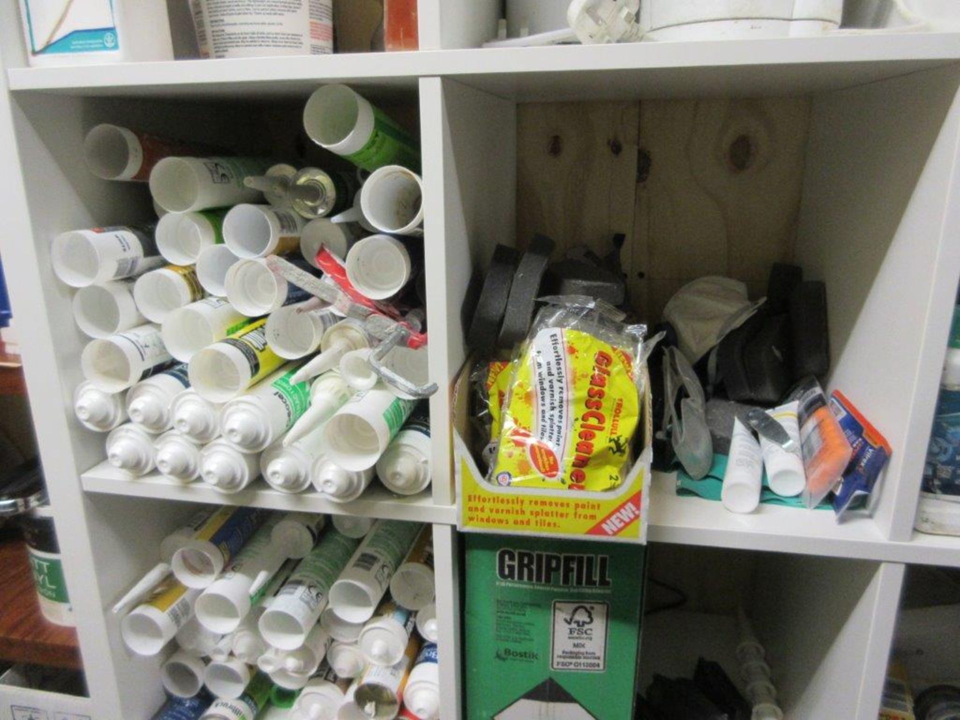 Pigeon hole and wood storage racks c/w contents including sealants, sealant guns, kettles, fire - Image 3 of 9