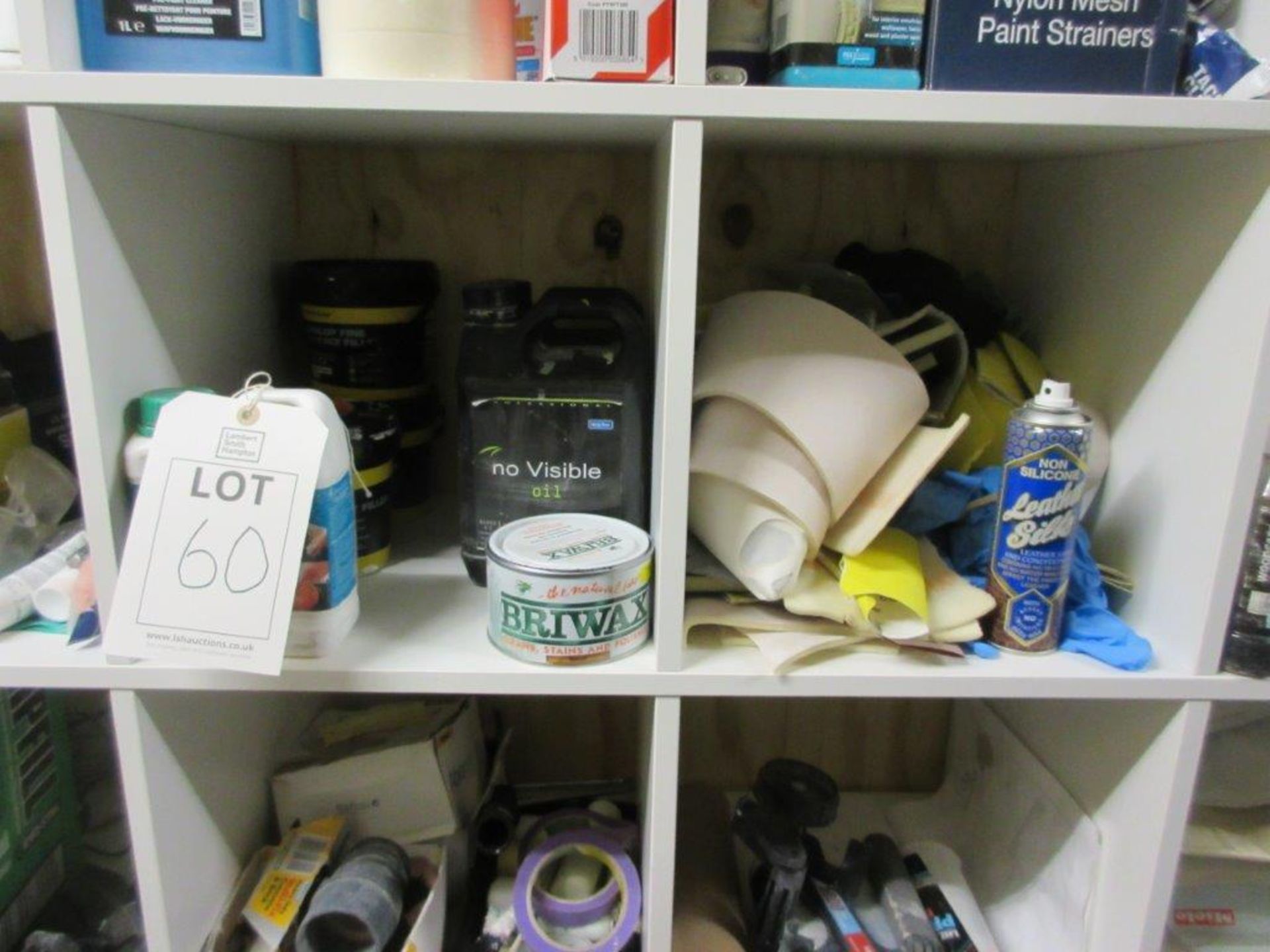 Pigeon hole and wood storage racks c/w contents including sealants, sealant guns, kettles, fire - Image 8 of 9