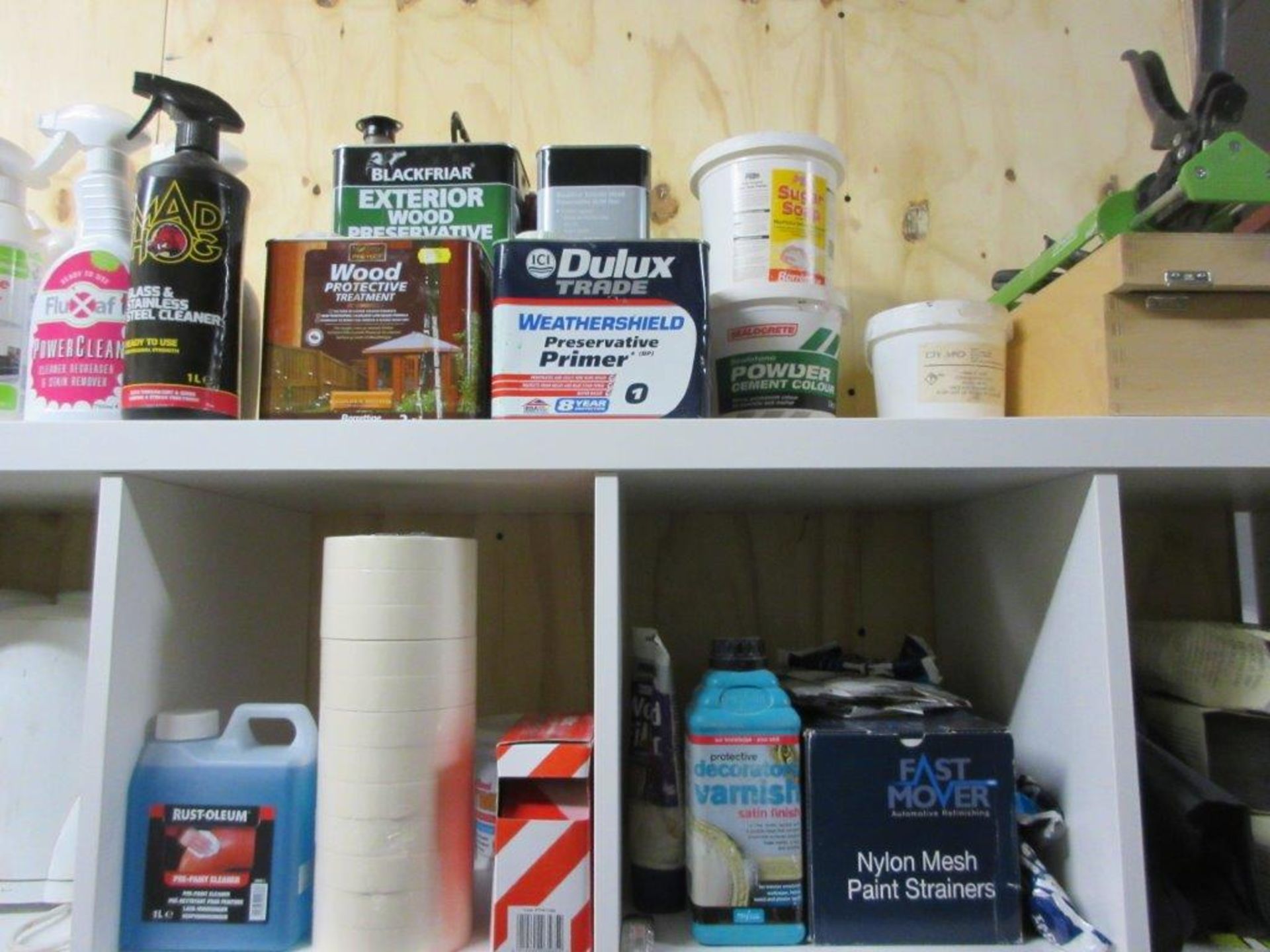 Pigeon hole and wood storage racks c/w contents including sealants, sealant guns, kettles, fire - Image 6 of 9