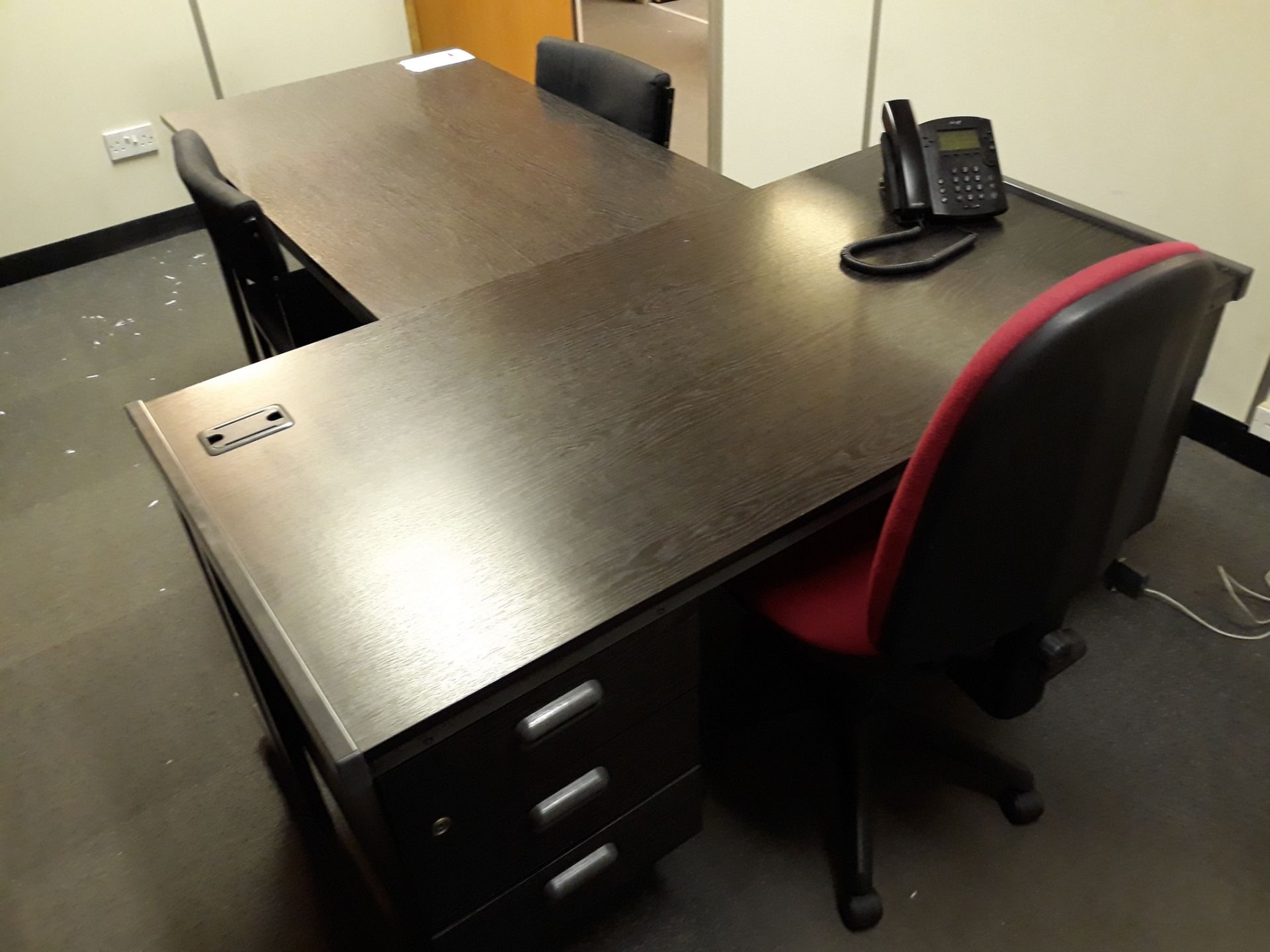 Double pedestal desk in black ash veneer with matching table and 3 double door cabinets and 2 side - Image 2 of 3