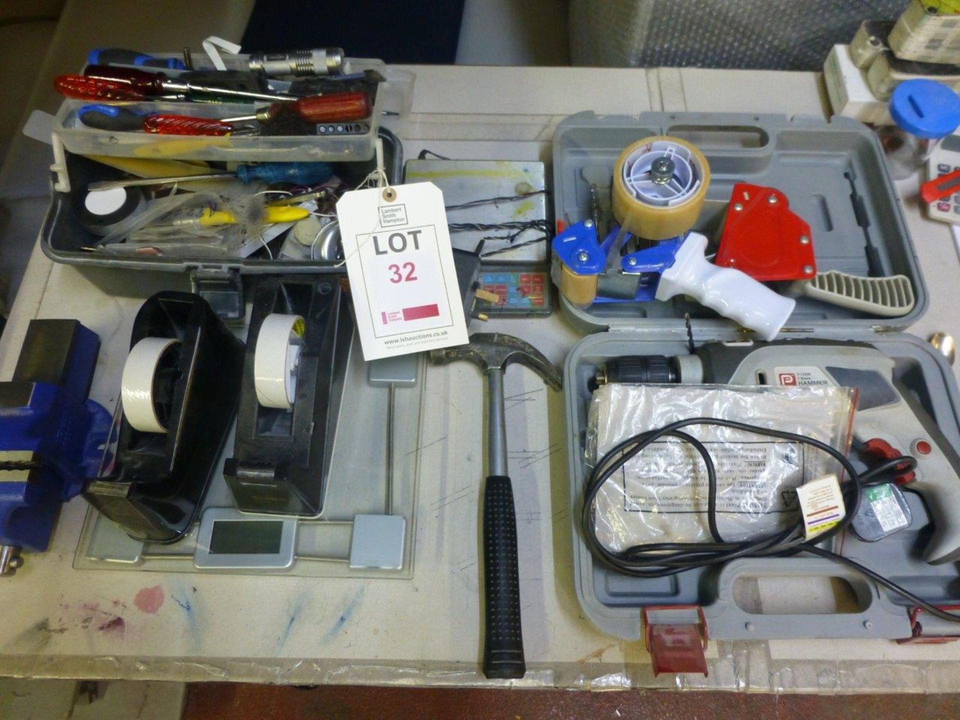 Quantity of assorted tools including hammer drill, Irwin Record vice, digital scales etc