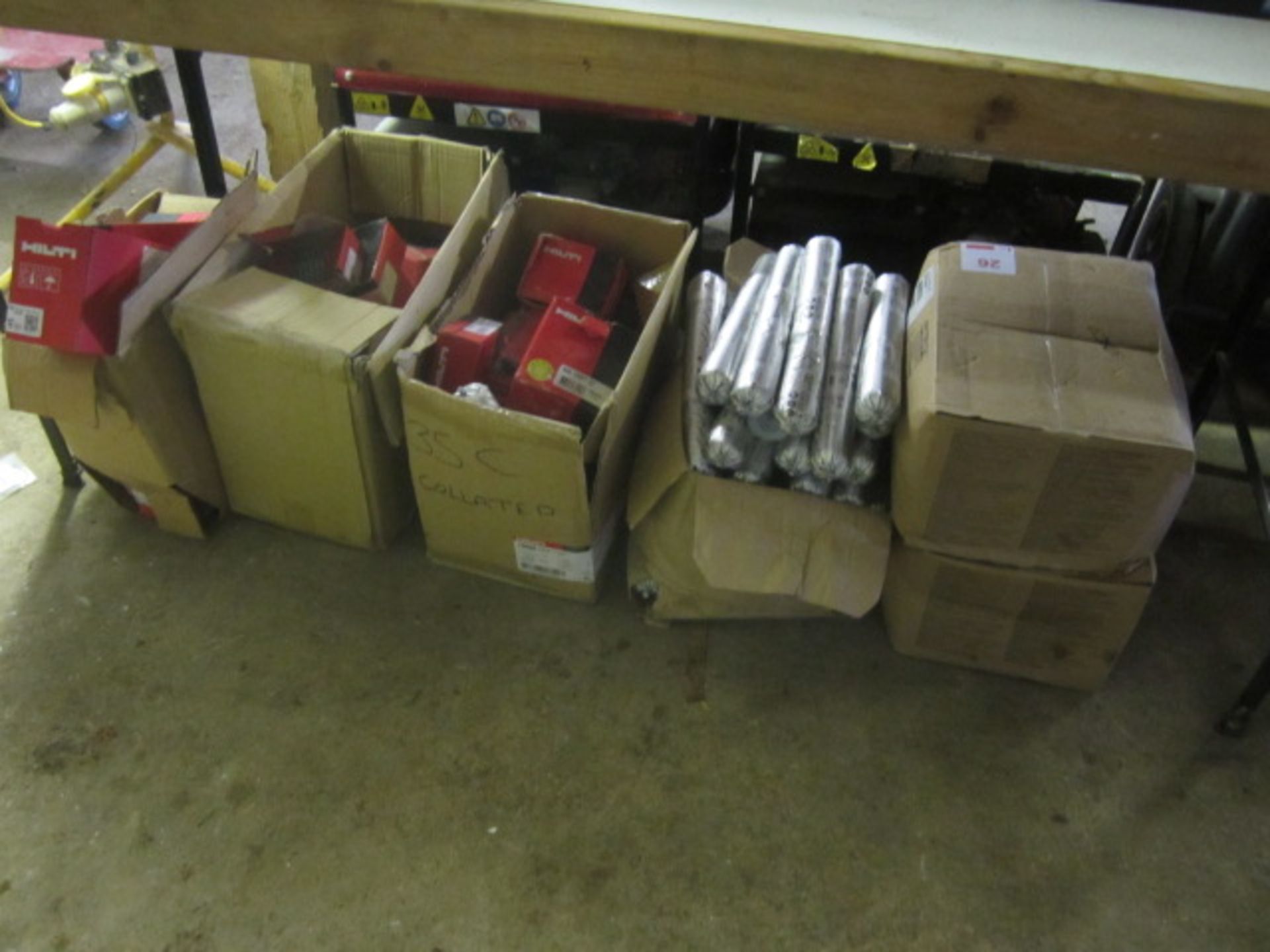 Assorted Hilti consumables including screws, Firestop acrylic sealant CP606, etc.