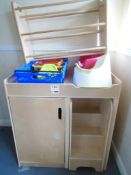 Wooden nappy changing station, shoe rack and remaining contents including dolls house and plastic