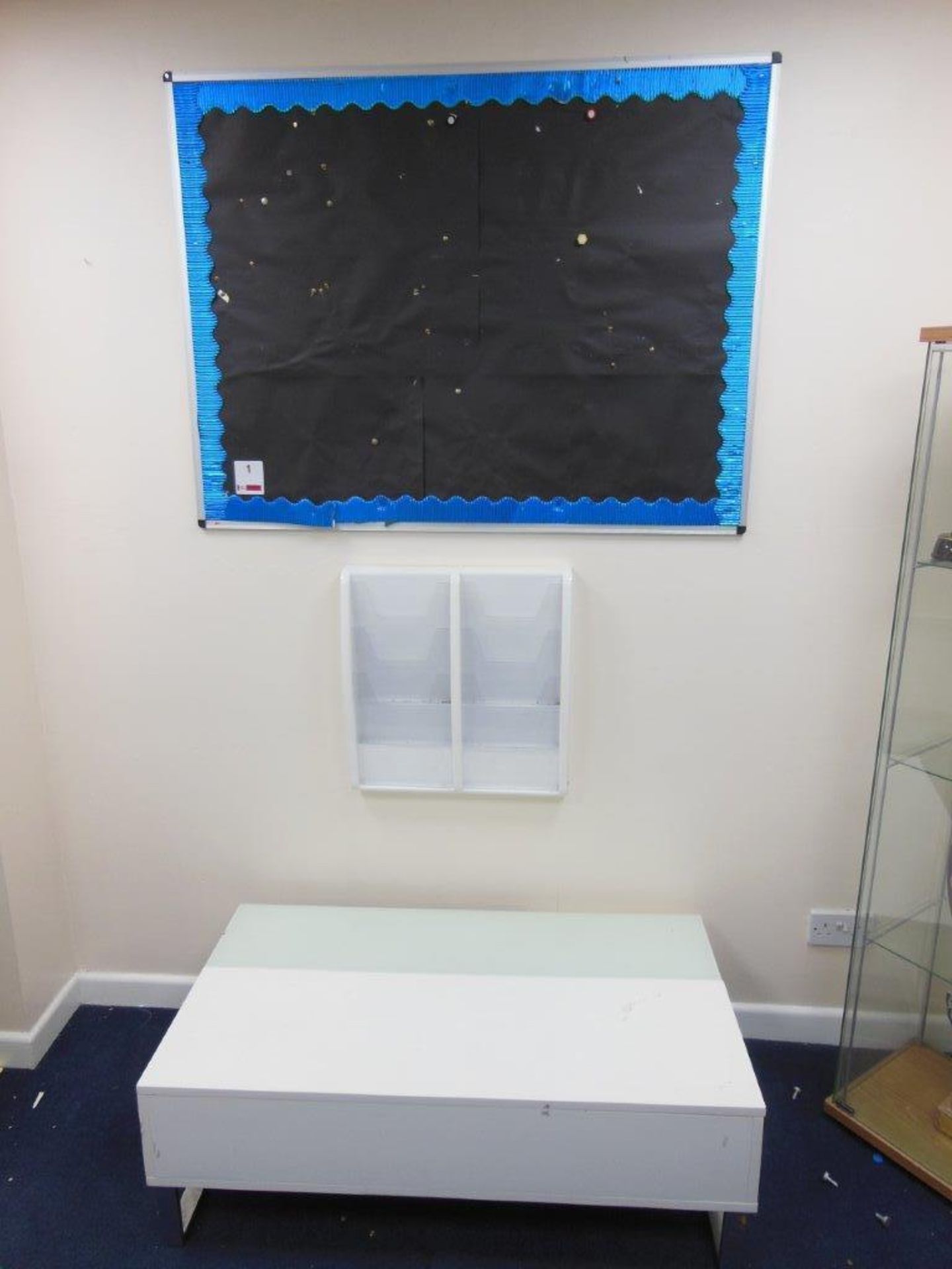 Contents of reception to include Metro Plan 120x90cm pin board, leaflet rack, 2 x 3-tier glass