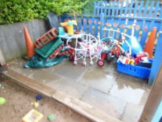 Large quantity of outdoor toys including slides, play tables, rubber blocks, 2 small timber sheds