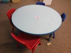 Contents of room including 2 circular tables, 8 red/ blue stacking chairs, rectangular table,