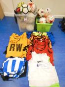 Quantity of footballs in 2 crates, ball pump and a quantity of tabards. *(Lot located: Milverton