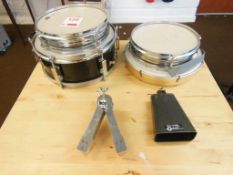 Snare drum, 3 assorted side drums, cow bell and a rattle. *(Lot located: Milverton Prep School, Park