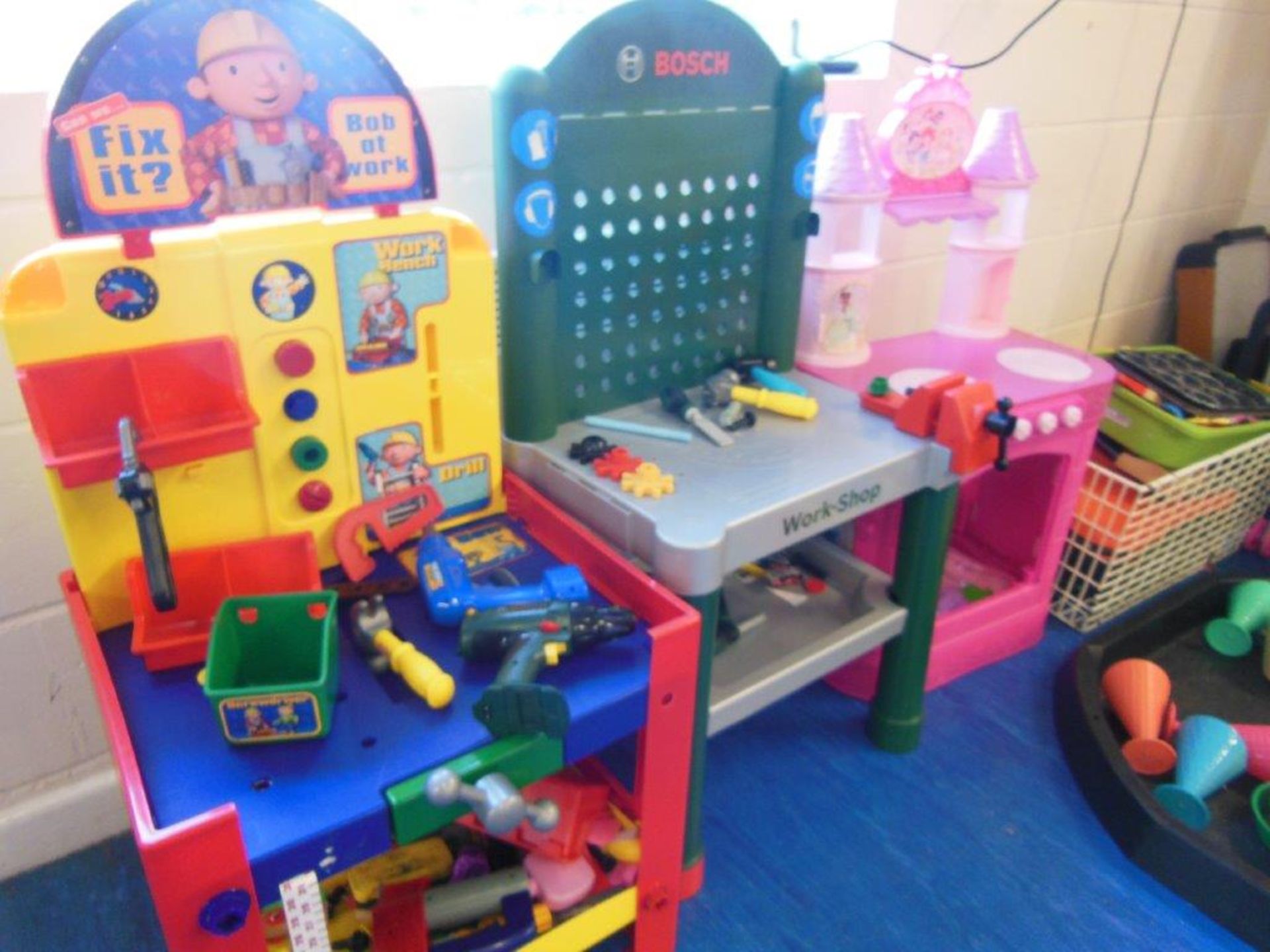 Quantity of toys in plastic boxes, Bob the Builder workbench, Bosch workbench, Barbie kitchen and - Image 3 of 3