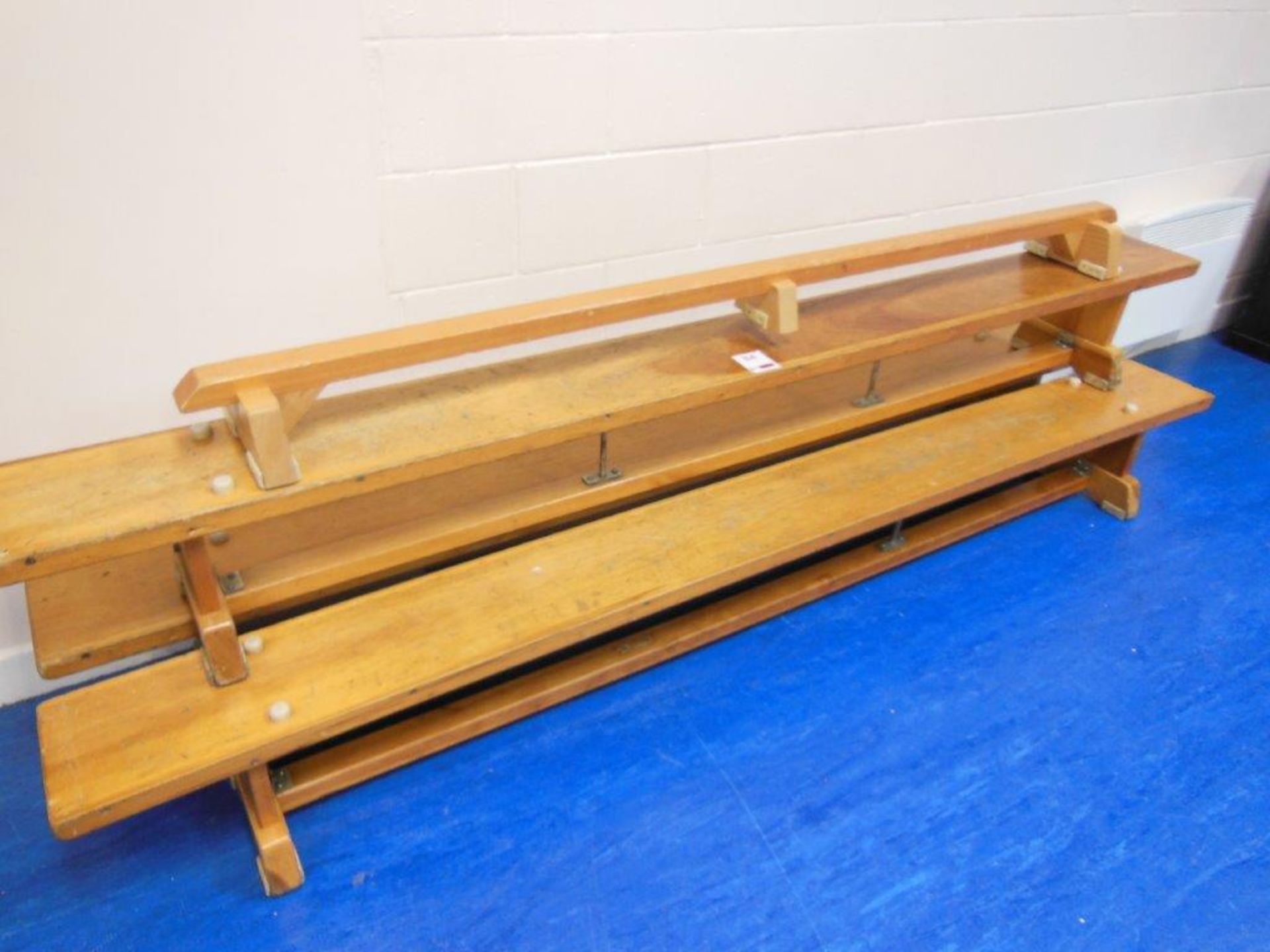 3 wooden school benches, each 267cm length and a continental wooden balance beam, 207cm length. *(