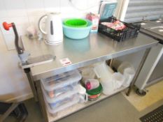 Stainless steel table 120x60cm incorporating can opener. *(Lot located: Milverton Prep School,