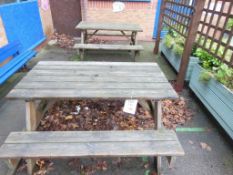 3 wooden picnic benches and 2 wooden benches. *(Lot located: Milverton Prep School, Park Street,
