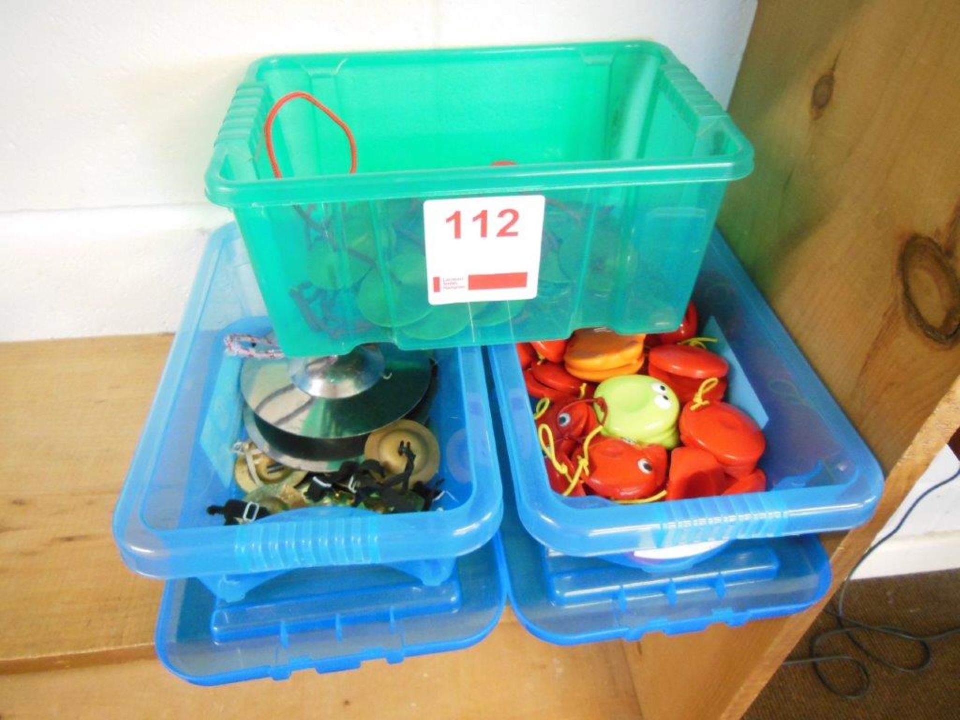 Quantity of castanets and hand chimes in 3 boxes. *(Lot located: Milverton Prep School, Park Street,