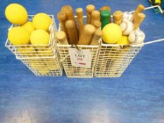 3 wire baskets of rounders bats and balls. *(Lot located: Milverton Prep School, Park Street,