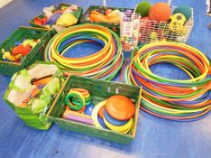 Large quantity of playground equipment including bean bags, nets, balls, hoola hoops, Frisbees,