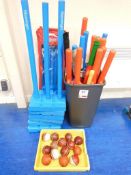 Quantity of cricket equipment including plastic bats, stumps and leather and plastic balls. *(Lot