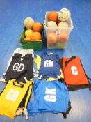 Quantity of netballs in 2 crates and a quantity of tabards. *(Lot located: Milverton Prep School,