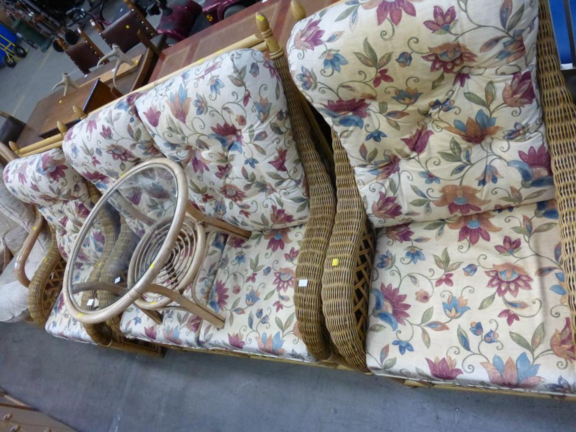 A cane three piece Conservatory Set with floral loose cushions together with a similar Glass Top - Image 2 of 3