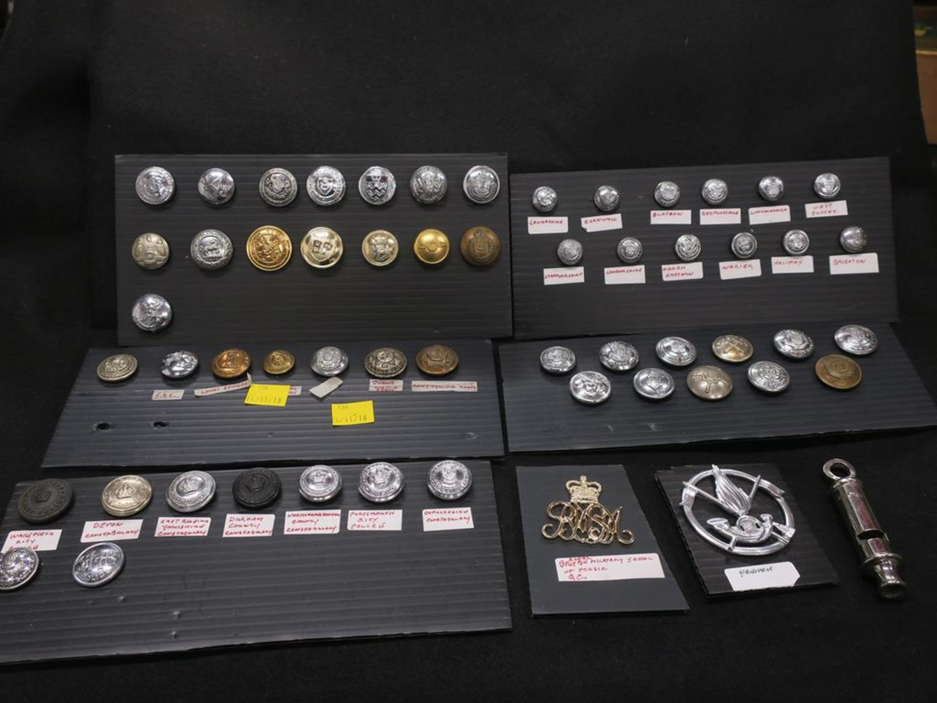 A Box containing Military Badges and Buttons with some Commercial Buttons, Fire Service, Police,