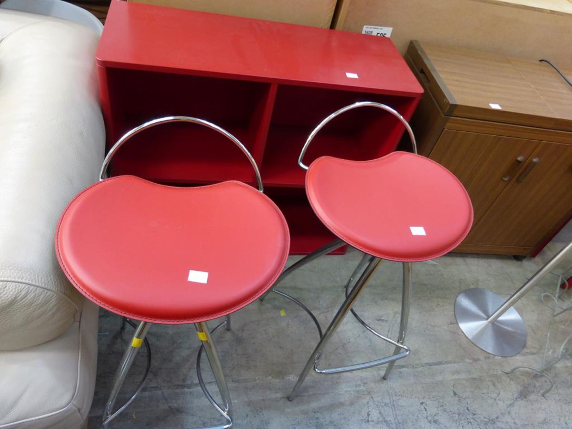 A pair of 'Cattelan Italia' Chrome Bar Stools with Red Leather Seats (together with a similar Red