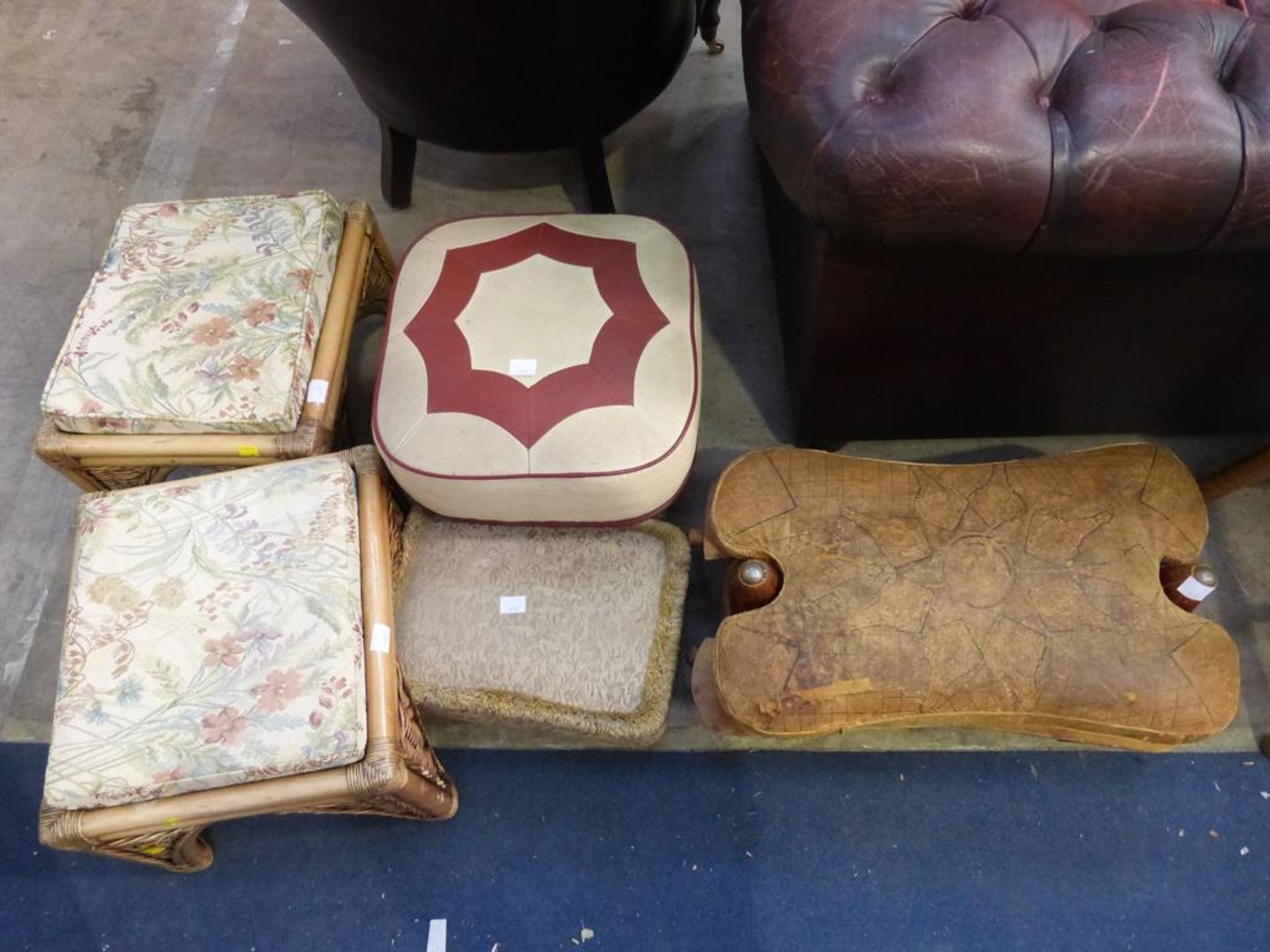 A Camel Stool, a Pair of Canework Footstools and two others (£20-£30)