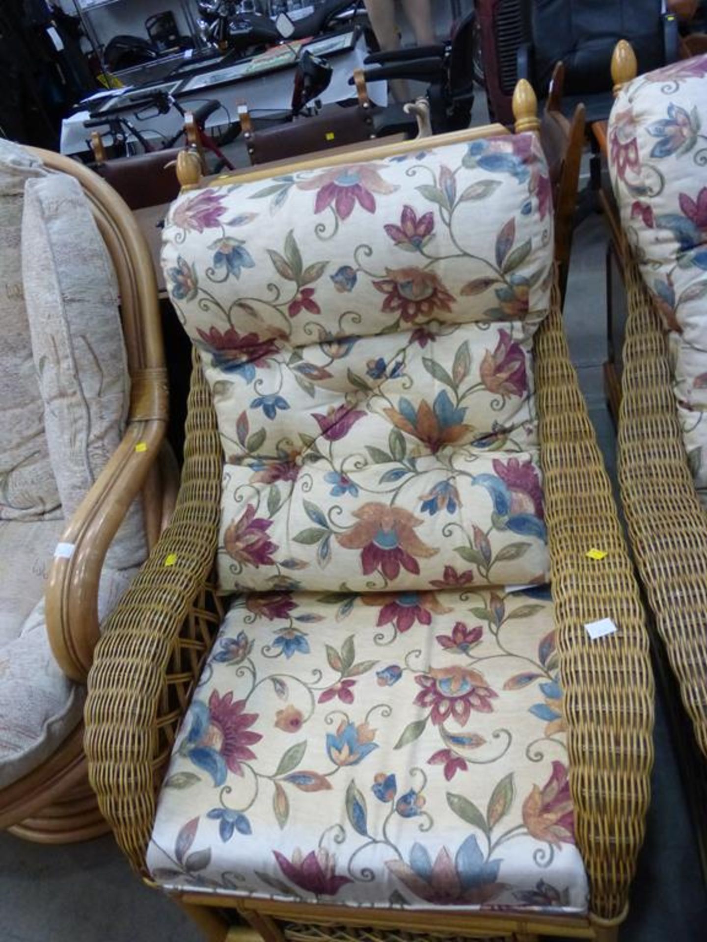 A cane three piece Conservatory Set with floral loose cushions together with a similar Glass Top