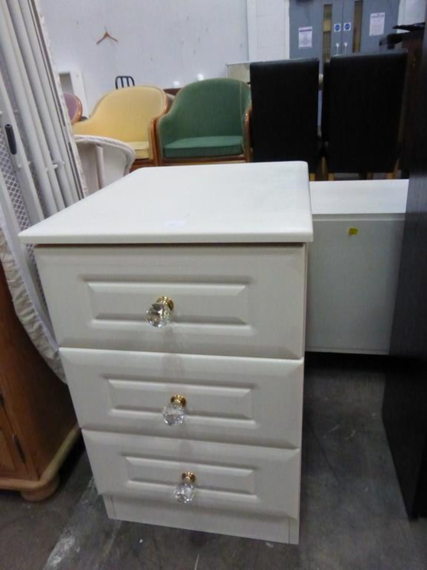 A white painted pine Blanket Box, a modern white finish three drawer Bedside Chest, an Ironing Board - Image 2 of 4