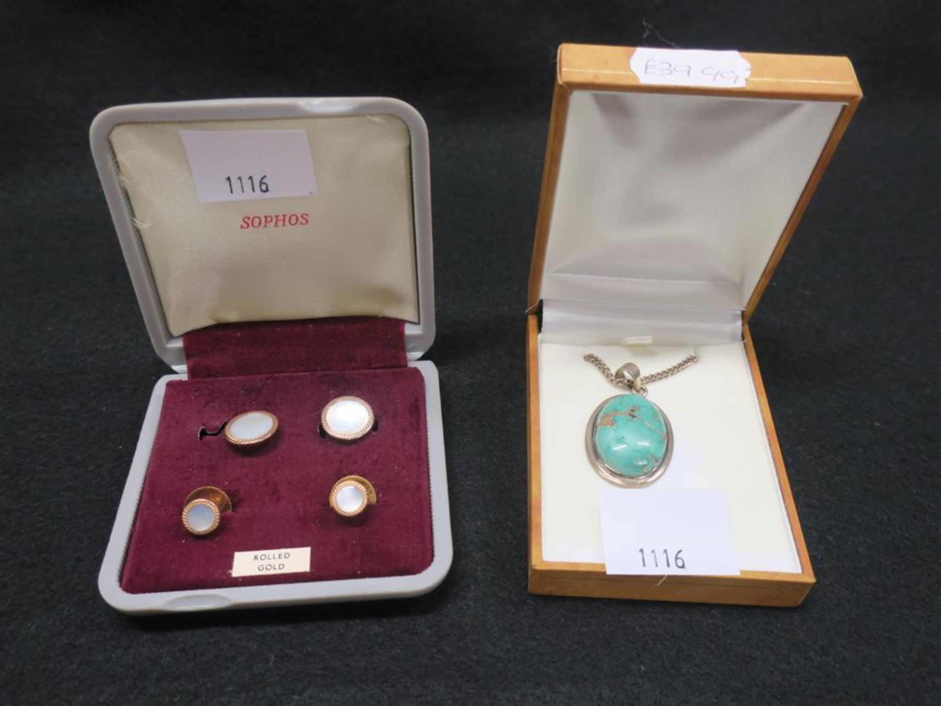 Two Pairs of Rolled Gold Cuff Links (boxed) together with a Turquoise Polished Stone in White