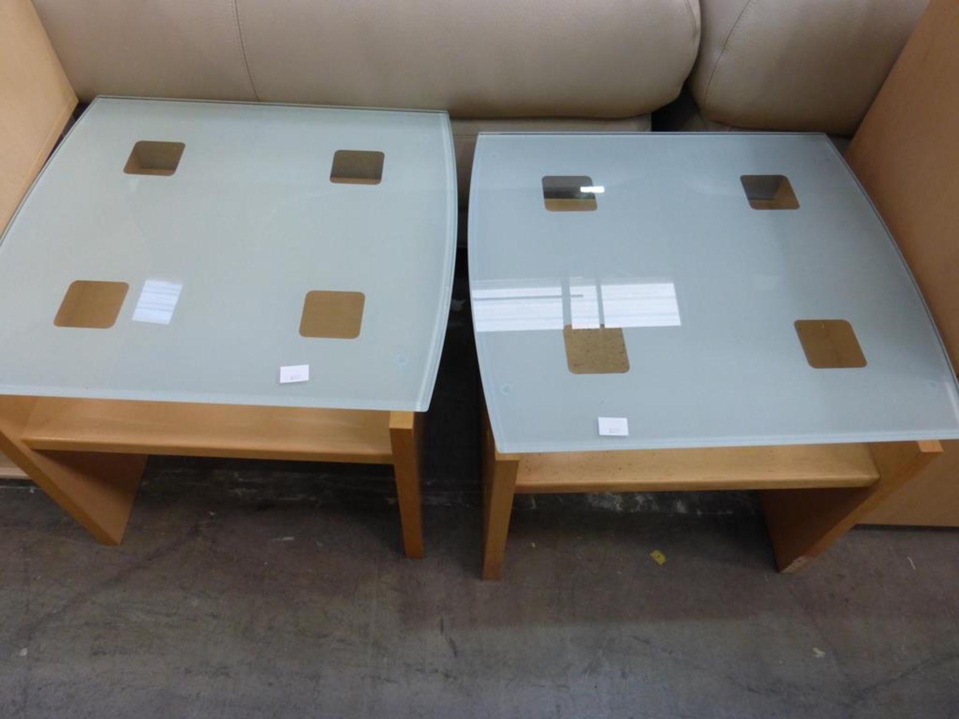 A Pair of Modern Lightwood Effect Bedside or Lamp Tables with Frosted Glass Top 52cm (est £30-£50)