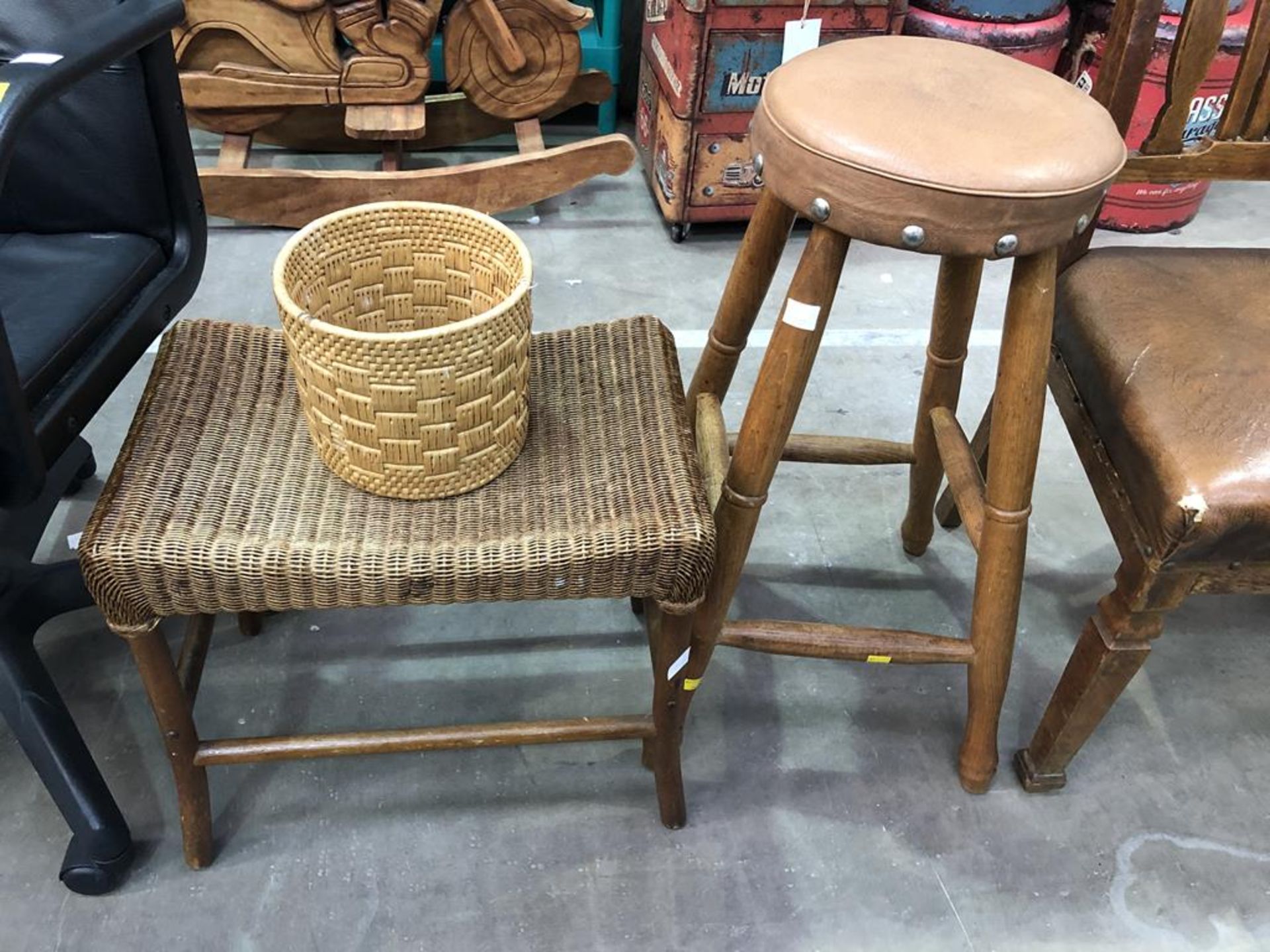 A set of Three Edwardian Oak High Back Single Chairs, A Circular Top Stool and a Wicker Stool ( - Image 2 of 2