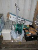 * A Pallet to include Mac-Allistair 3-7m Folding Ladder, Hose Pipe, Speaker Stands, A Quantity of