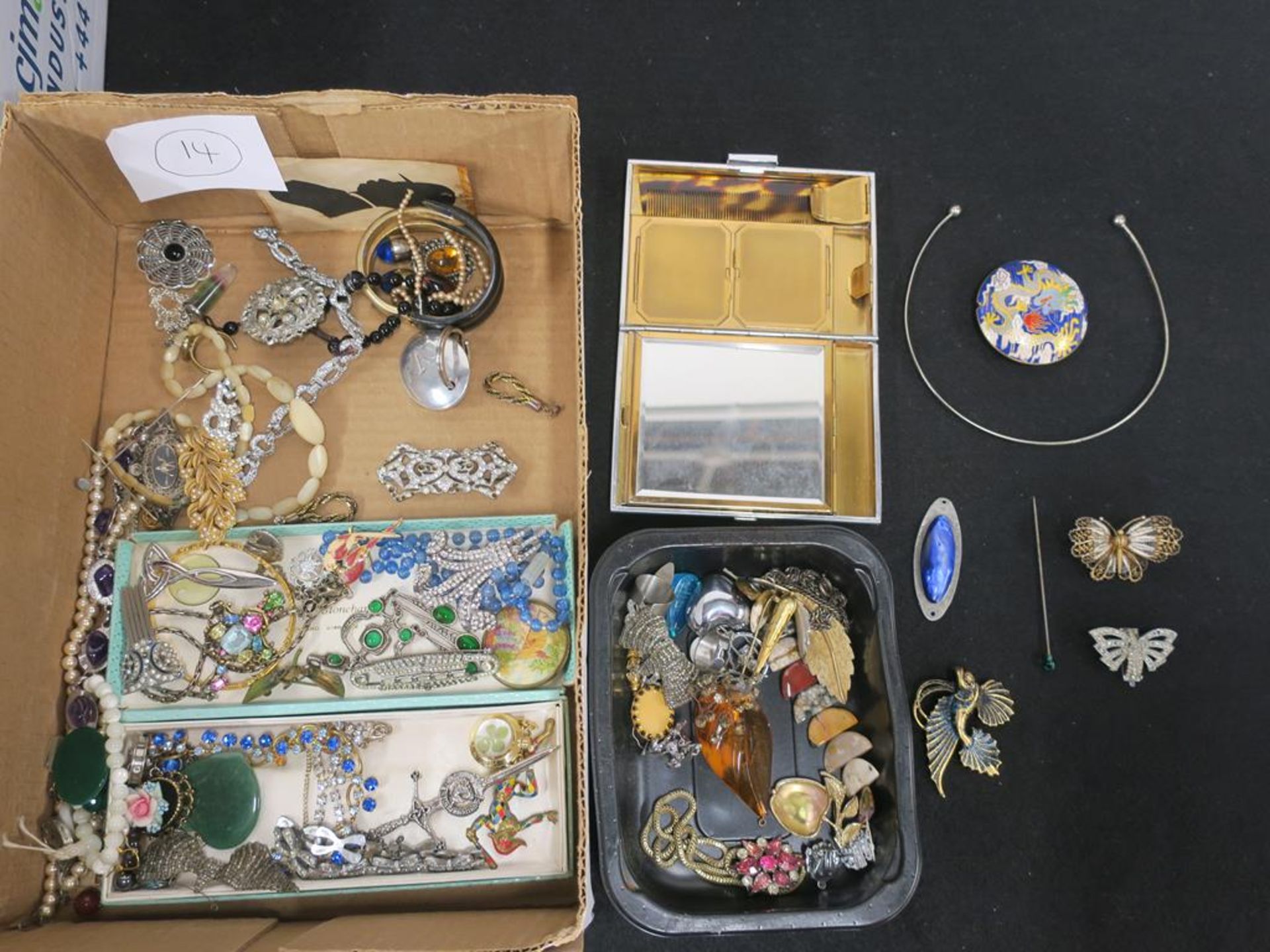 A box to contain Vintage Costume Jewellery including natural stone items, an unusual silk compact,