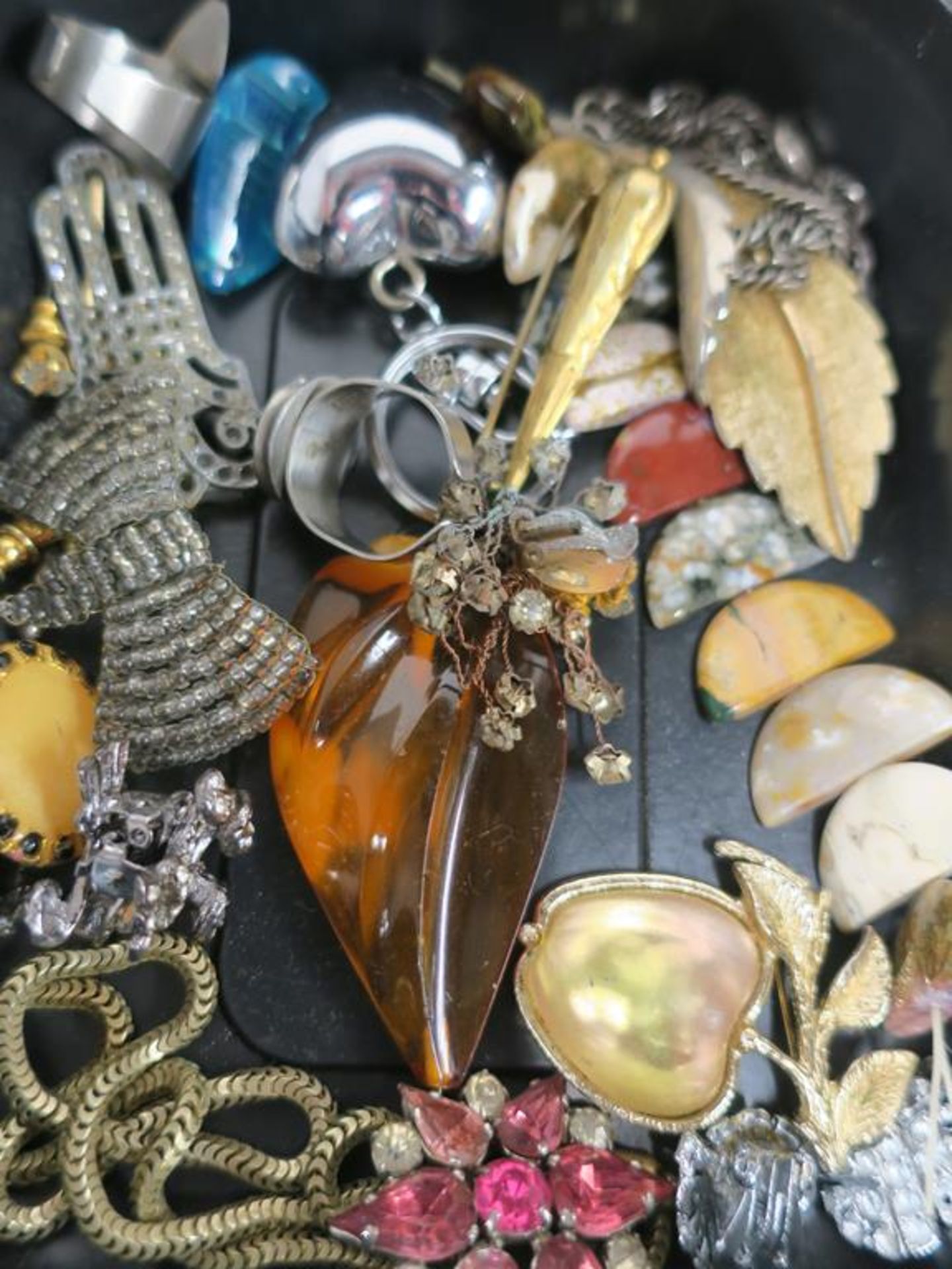 A box to contain Vintage Costume Jewellery including natural stone items, an unusual silk compact, - Image 3 of 8