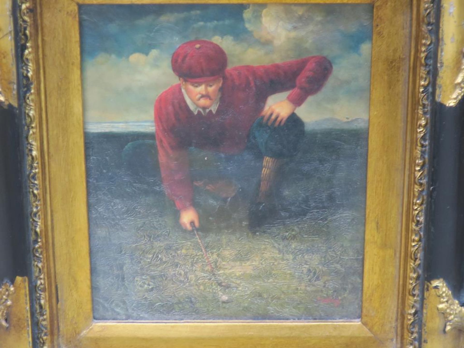 A Framed Oil on Board of a 1920's (?) Golfer Lining Up a Putting Shot (frame size 34cm X 39cm) (