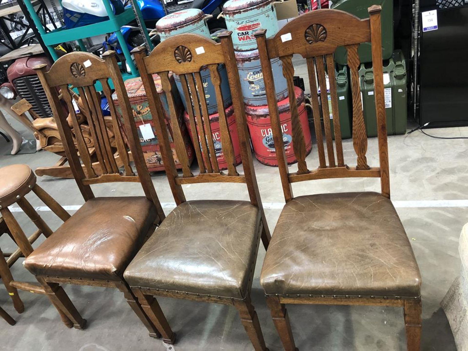 A set of Three Edwardian Oak High Back Single Chairs, A Circular Top Stool and a Wicker Stool (