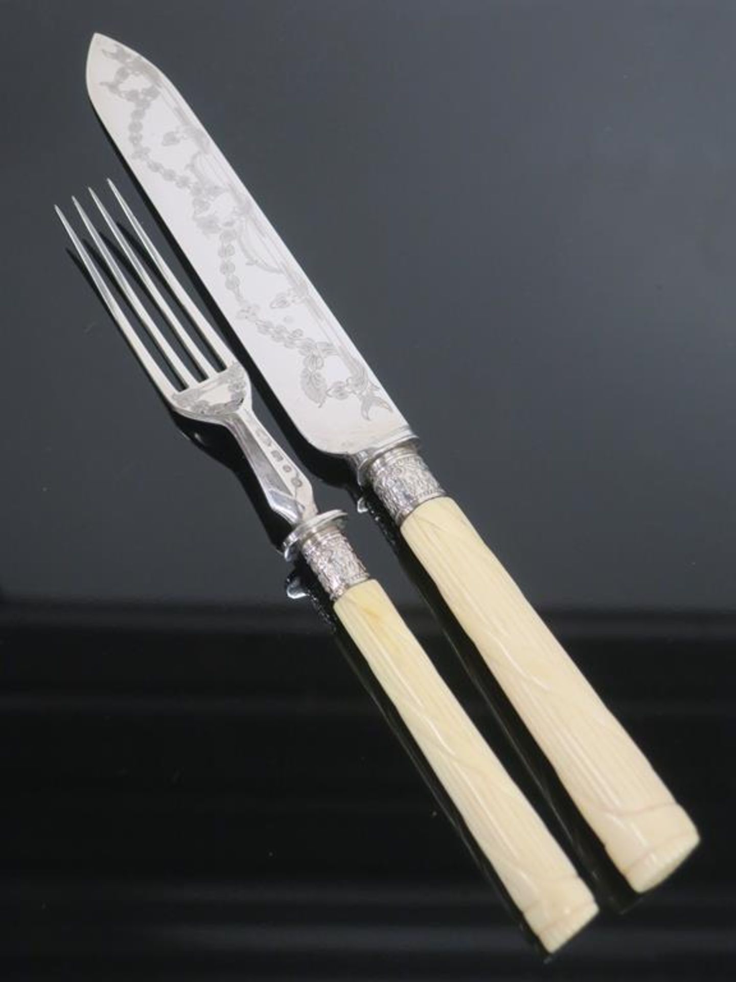 A Victorian Silver Plated Carved Bone Handled Carving Set (pair) in fitted case c 1880 (est £30-£ - Image 3 of 3