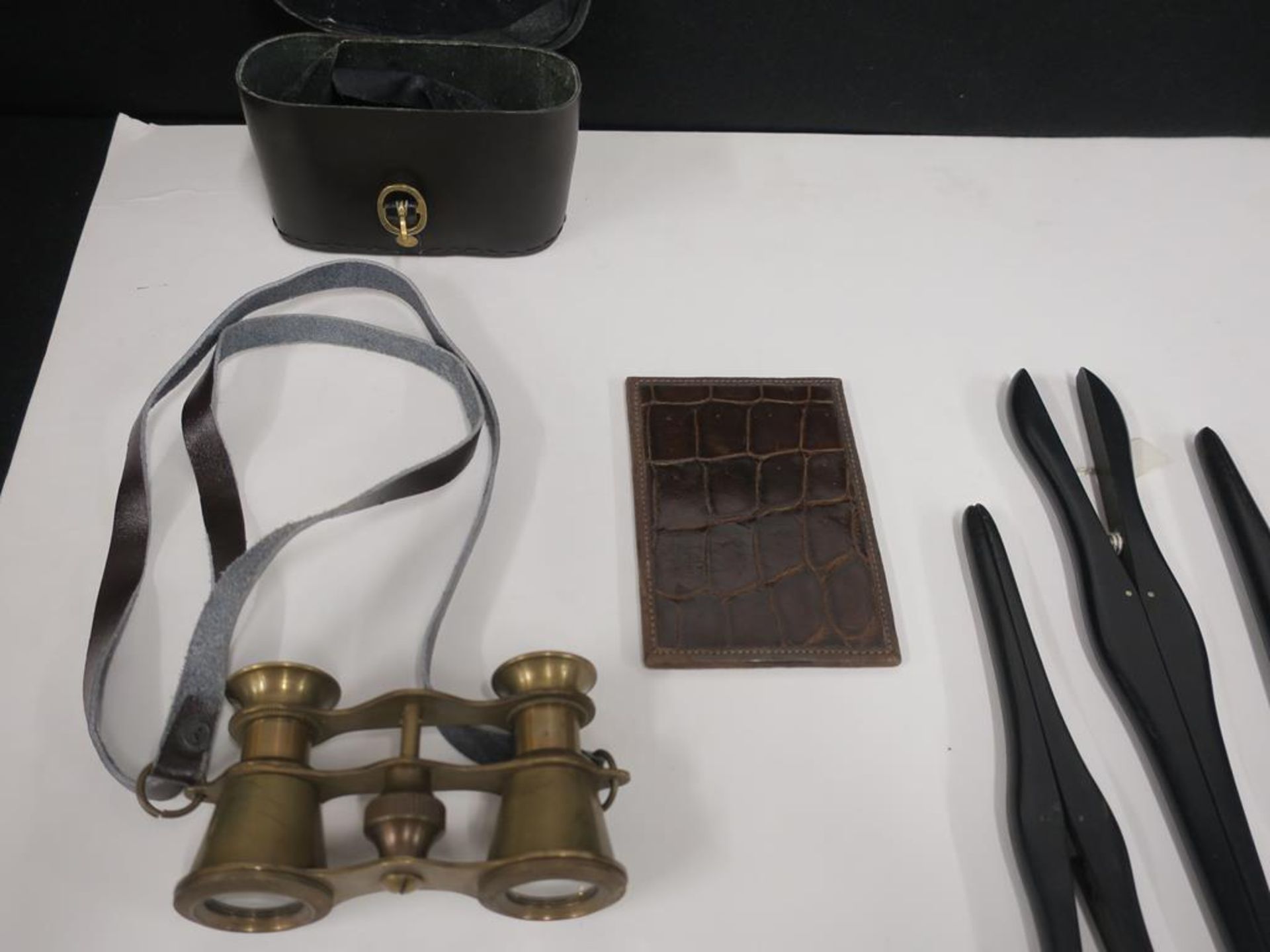 * A Cased pair of Brass Opera Glasses, a Binocular Case, A Purse Mirror and Three Pairs of Ebony - Image 2 of 9