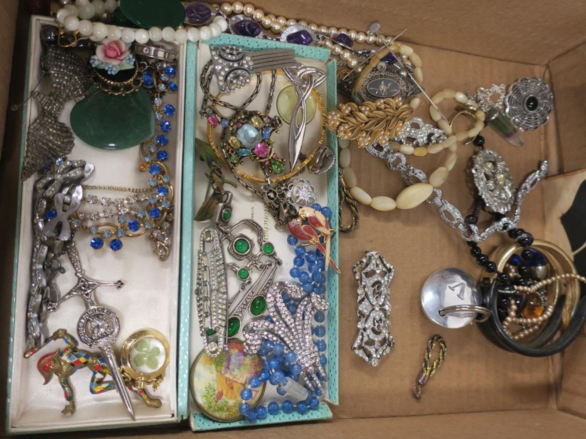 A box to contain Vintage Costume Jewellery including natural stone items, an unusual silk compact, - Image 2 of 8