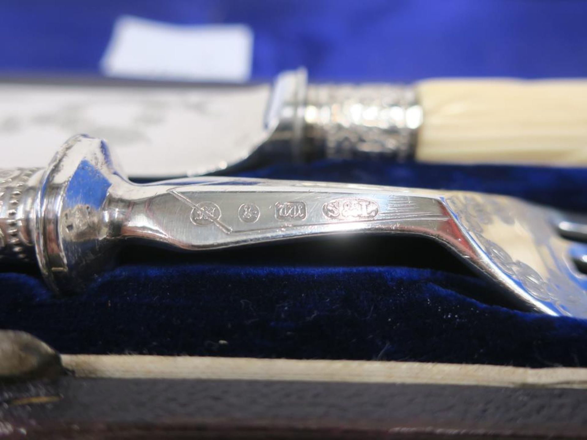 A Victorian Silver Plated Carved Bone Handled Carving Set (pair) in fitted case c 1880 (est £30-£ - Image 2 of 3