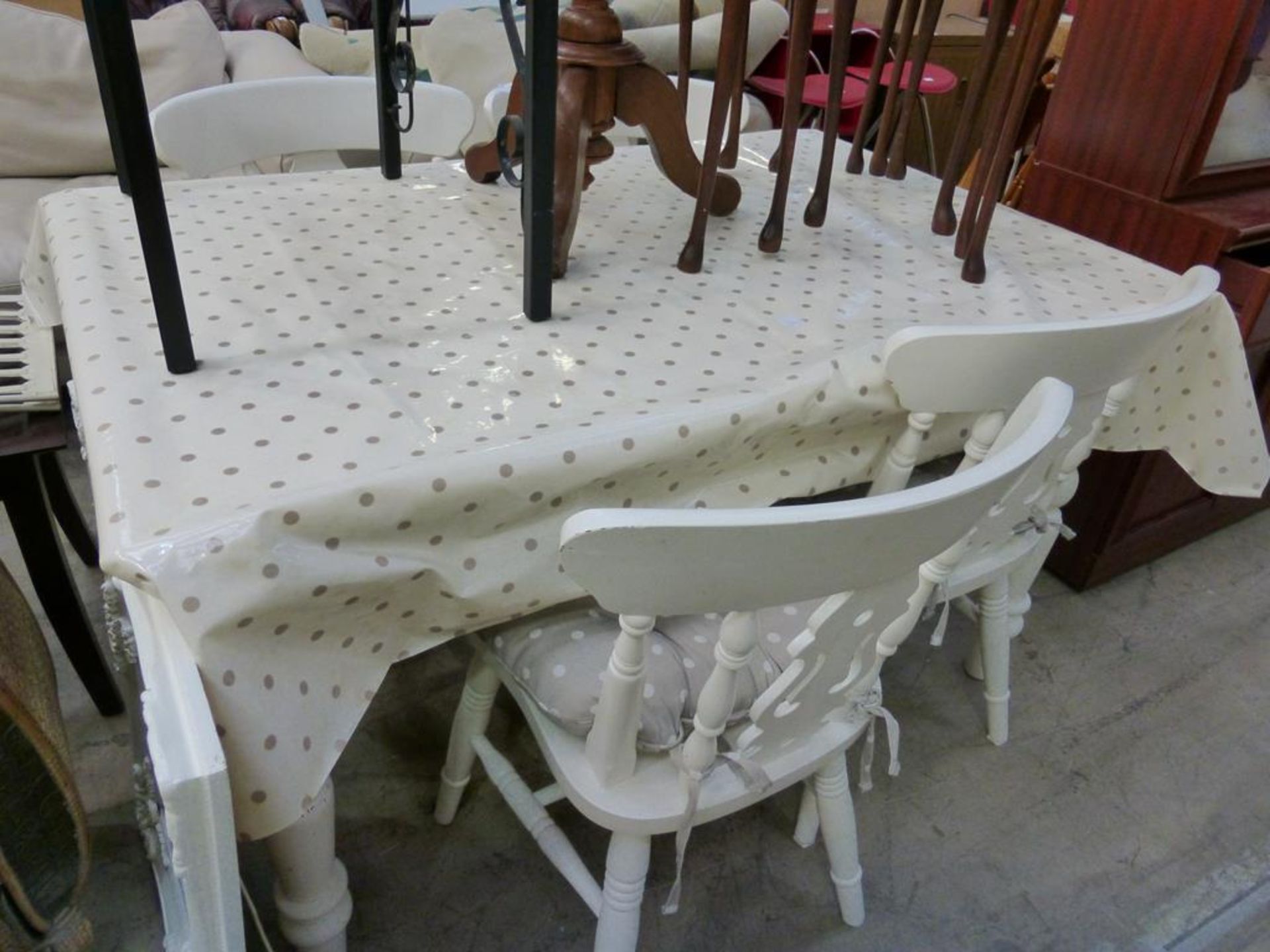 A white painted Victorian Style Breakfast Table together with a set of four white painted spindle - Image 2 of 2