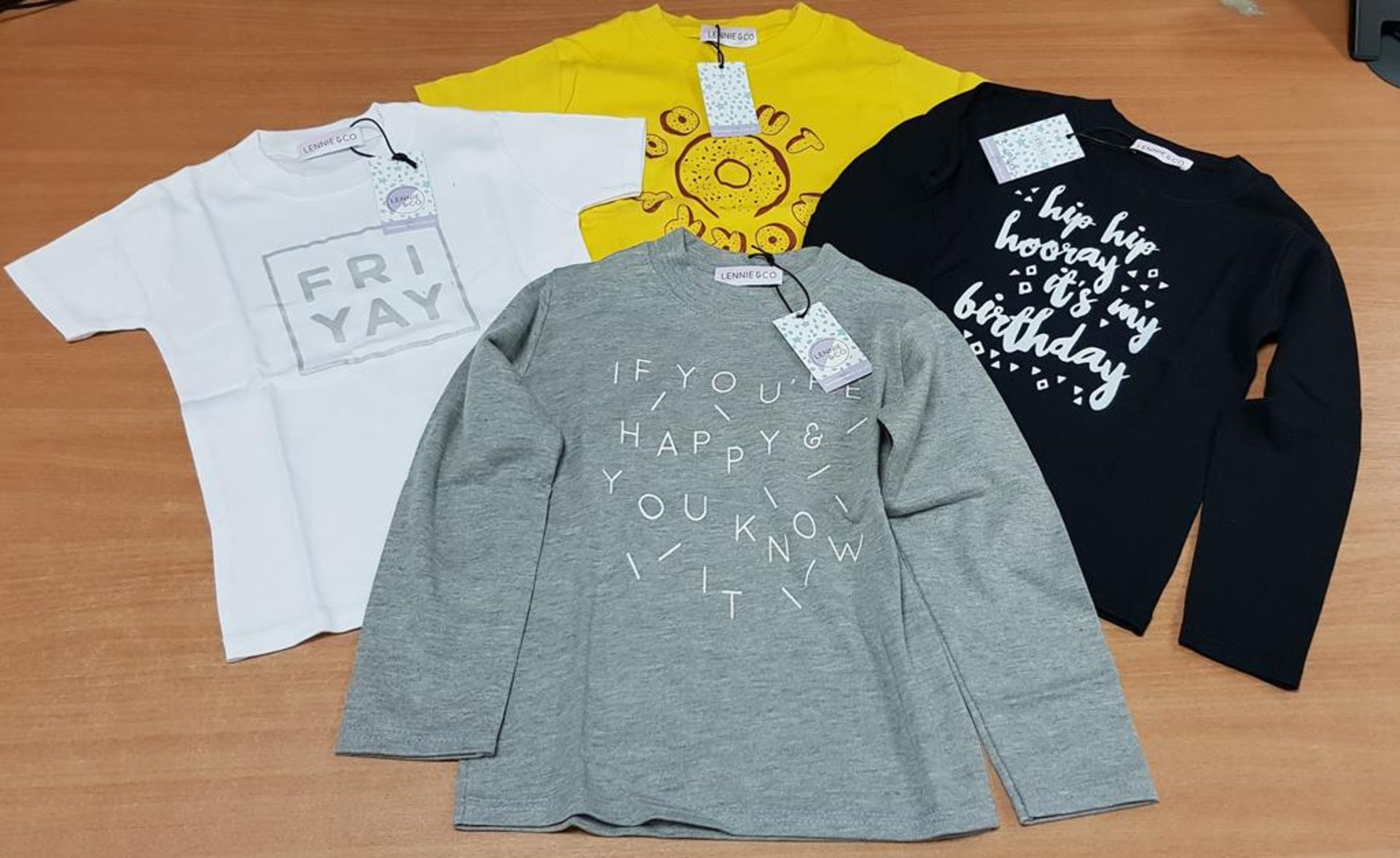 Qty of Children's Slogan T-shirts by Lennie & Co inc 'Friyay', 'Donut Worry', 'Hip Hip Horray it's