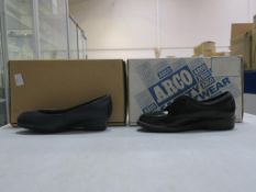 * Two pairs of new/boxed Arco Footwear: a pair of Ladies Black Leather Shoes size 3 and a pair of