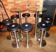 2 x glass top poseur tables, and 8 x brushed steel high stools